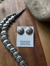 Load image into Gallery viewer, Navajo Sterling Silver Turquoise Stamped Pillow Beads Bead Necklace Earrings 22”