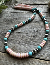 Load image into Gallery viewer, Sterling Silver Pink Conch Blue Turquoise Bead Necklace 20 Inch. Gift