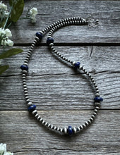 Load image into Gallery viewer, Southwestern Sterling Silver Lapis 4mm Pearls Bead Necklace. 18 Inch. Gift