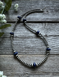 Southwestern Sterling Silver Lapis 4mm Pearls Bead Necklace. 18 Inch. Gift