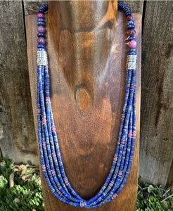 Sterling Silver Multi Strand Stone Lapis Purple Charoite Bead Necklace. 26 inch