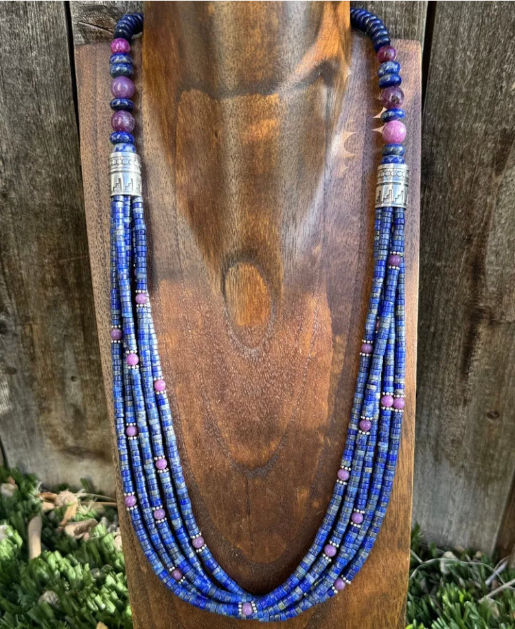 Sterling Silver Multi Strand Stone Lapis Purple Charoite Bead Necklace. 26 inch