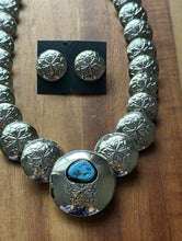 Load image into Gallery viewer, Navajo Sterling Silver Turquoise Stamped Pillow Beads Bead Necklace Earrings 22”