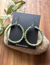 Load image into Gallery viewer, Sterling Silver Green Turquoise Heishi Bead Loop Hoop Earrings.