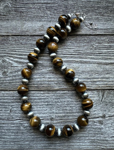 Sterling Silver Tiger’s Eye W Pearls Bead Necklace. 18 inch. Gift