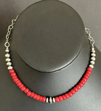 Load image into Gallery viewer, Sterling Silver Graduated Red Coral Pearls Chain Bead Necklace. 16 Inch. Gift