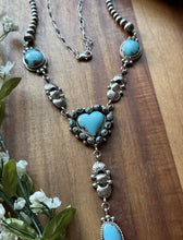 Load image into Gallery viewer, Navajo Sterling Silver Blue Turquoise Heart Lariat Pearls Bead Chain Necklace RY
