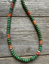 Load image into Gallery viewer, Sterling Silver Green Turquoise Orange Spiny Oyster Bead Necklace. 18 inch