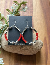 Load image into Gallery viewer, Sterling Silver Red Coral Bead W Pearls Loop Hoop Earrings.