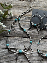 Load image into Gallery viewer, Bow Sterling Silver Turquoise 4mm Pearls Bead Necklace Earrings Bracelet Set