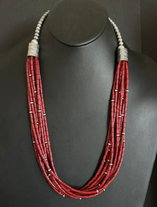 Sterling Silver Multi Strand Red Bamboo Coral Bead Necklace 28 Inch