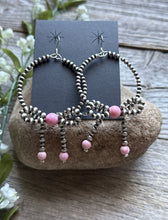 Load image into Gallery viewer, Sterling Silver Bow Pink Conch Pearls Hoop Bead Earrings 3.5 Inch