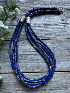 Sterling Silver Multi Strand Stone Lapis Purple Charoite Bead Necklace. 26 inch