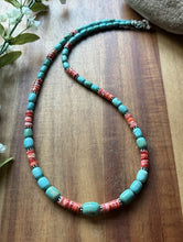 Load image into Gallery viewer, Sterling Silver Graduated Turquoise Heishi Spiny Oyster Bead Necklace 23 Inch