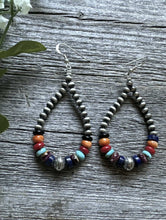 Load image into Gallery viewer, Southwestern Sterling Silver Multi Stone 4mm Pearls Bead Loop Dangle Earrings 3”