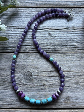 Load image into Gallery viewer, Sterling Silver Dyed Sugilite Charoite W Turquoise Bead Necklace 18 inch