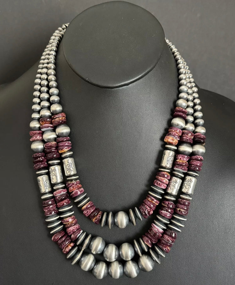 Purple Spiny Oyster Sterling Silver Multi Strand Pearls Layered Bead Necklace