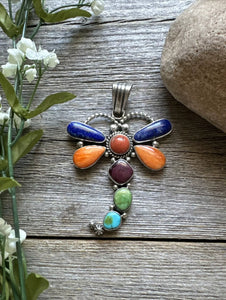 Navajo Sterling Silver Multi Stone Turquoise Dragonfly Pendant Charles Johnson