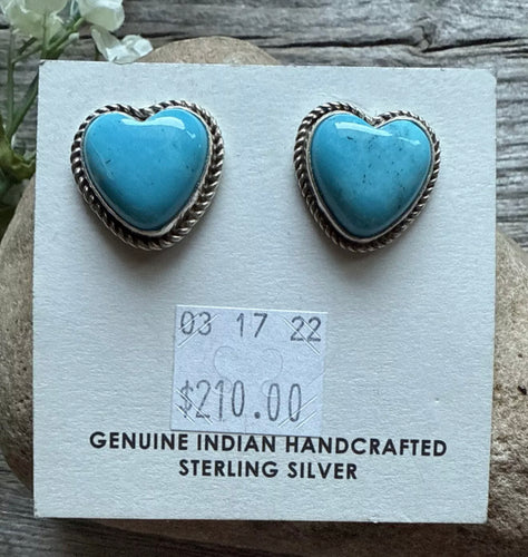 Navajo Sterling Silver Blue Turquoise Heart Stud Earrings. Gift