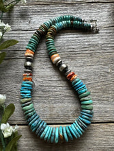 Load image into Gallery viewer, Sterling Silver Graduated Blue Green Turquoise Spiny Bead Necklace. 18 inch