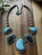 Load image into Gallery viewer, Navajo Sterling Silver Black Jack Kingman Turquoise Lariat Pearls Chain Necklace