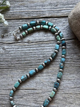 Load image into Gallery viewer, Sterling Silver Blue Green Turquoise Nuggets W Pearls Bead Necklace. 18 inch