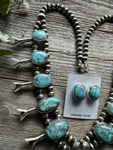 Navajo Sterling Silver White Water Turquoise Squash Blossom Pearls Necklace G