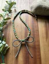 Load image into Gallery viewer, Bow Sterling Silver Blue Green Turquoise Pearls Bead Necklace. 18 inch Gift
