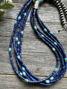 Sterling Silver Multi Strand Stone Lapis Turquoise Bead Necklace. 28 inch