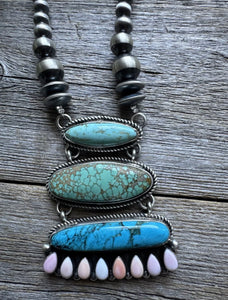 Navajo Sterling Silver Turquoise Pink Conch Pearls Lariat Y Necklace KY
