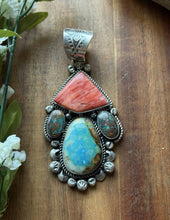 Load image into Gallery viewer, Navajo Native Sterling Silver Multi Stone Turquoise Red Spiny Oyster Pendant RY