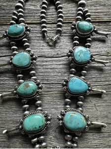 Navajo Sterling Silver Blue Turquoise Squash Blossom Pearls Necklace. K Yazzie