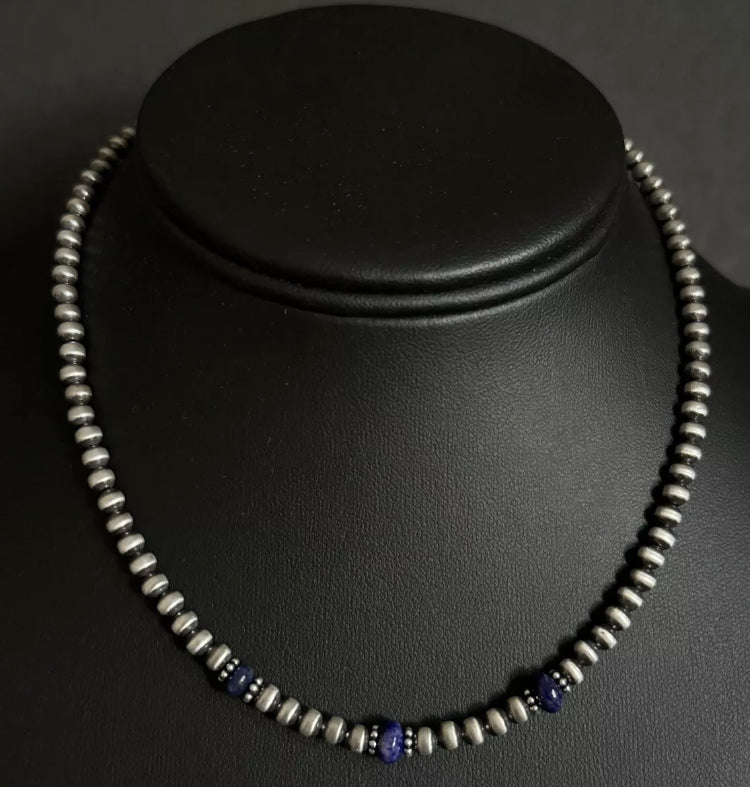 Sterling Silver 4mm Pearls with Lapis Bead Necklace Choker. 14 inch