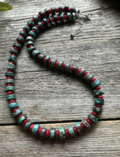 Load image into Gallery viewer, Sterling Silver Heishi Turquoise Coral Bead Necklace. 18 inch