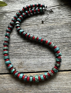 Sterling Silver Heishi Turquoise Coral Bead Necklace. 18 inch