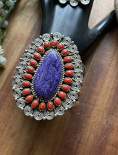 Load image into Gallery viewer, Tonya Rafael Navajo Sterling Silver Purple Charoite Red Coral Cuff Ring Set
