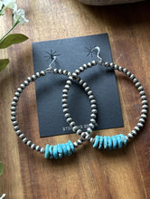 Load image into Gallery viewer, Large Sterling Silver Blue Turquoise Bead 4mm Pearls Loop Hoop Earrings. 3 Inch