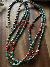 Load image into Gallery viewer, Sterling Silver Multi Strand Blue Green Turquoise Spiny Oyster Bead Necklace 30”