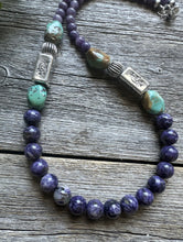 Load image into Gallery viewer, Southwestern Sterling Silver Charoite Turquoise Kokopelli Bead Necklace. 20 Inch