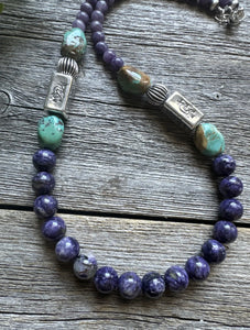 Southwestern Sterling Silver Charoite Turquoise Kokopelli Bead Necklace. 20 Inch