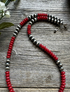 Southwestern 925 Sterling Silver Red Coral 6mm Pearls Bead Necklace 18 Inch