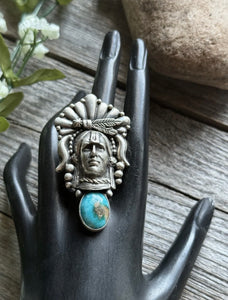 Navajo Sterling Silver Turquoise Indian Chief Head Adjustable Ring Russell Sam