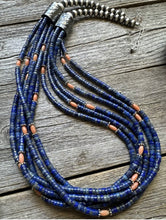 Load image into Gallery viewer, Sterling Silver Multi Strand Stone Lapis Pink Coral Bead Necklace. 26 inch