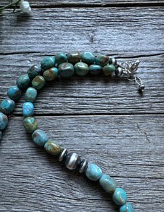 Sterling Silver Blue Green Turquoise Nuggets W Pearls Bead Necklace. 18 inch