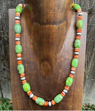 Load image into Gallery viewer, Sterling Silver Orange Spiny Oyster Green Turquoise Bead Necklace. 20 inch