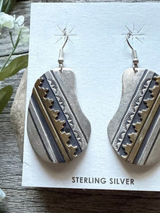T and R Singer Native American Sterling Silver Gold Filled Earrings. 2.25 Inch