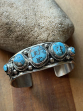 Load image into Gallery viewer, Navajo Native American Sterling Silver Blue Turquoise Row Cuff Bracelet J Nelson