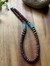 Load image into Gallery viewer, Sterling Silver Turquoise Purple Spiny Oyster Bead Necklace. 18 Inch