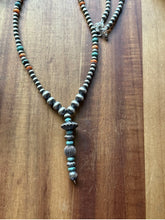Load image into Gallery viewer, Sterling Silver Spiny Oyster Turquoise Pearls Lariat Y Bead Necklace. 28 inch