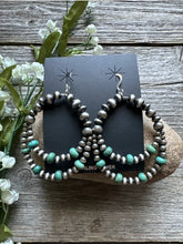 Load image into Gallery viewer, Southwestern SterlingSilver Green Turquoise Pearls Double Loop Earrings 2.5 Inch